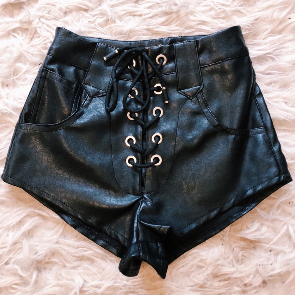 High Waisted Black Lace Up Leather Shorts